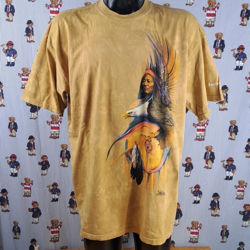 Y2K Vintag3 Native American & Eagle big graphic tan & blue tie-dye 2XL t-shirt